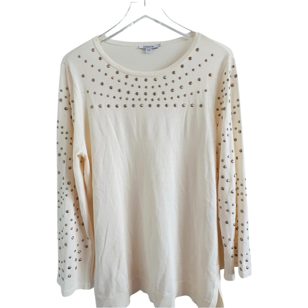 Chico's Cream Long Sleeve Studded Top